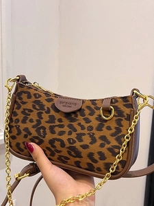 Vintage Leopard Print Shoulder Bag For Women Fashion PU Leather Underarm Bag With Golden Metal Chain Accessory Street Style