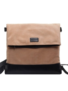 Minimalist khakai and black contrast flap backpack with suede texture and shoulder straps