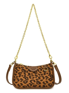 Fashionable leopard print underarm bag with gold chain strap and brown leather trim