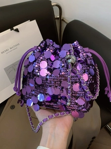 Borsa a Secchiello con Paillettes Donna Moda Coulisse Borsa a Tracolla Con Catena in Metallo Viola Trendy Festa Sera