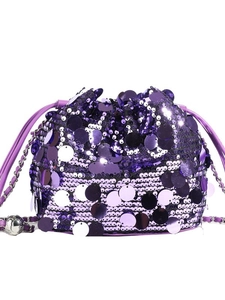 Borsa a secchiello alla moda in paillettes viola con catena argento e coulisse