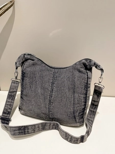 Vintage gray denim hobo bag for women with silver hooks and adjustable shoulder strap