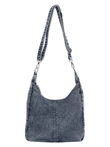 Retro dark blue hobo denim crossbody bag with adjustable jacquard strap and silver hardware