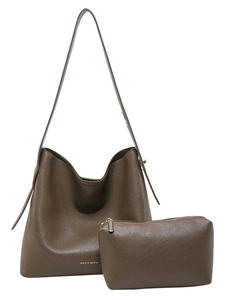 Brown leather bucket bag set with large shoulder tote and small matching zipper pouch
