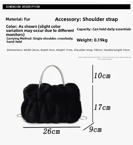 Tableau des tailles du sac à main noir en peluche avec poignée strass et bandoulière