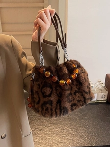 Retro leopard print faux fur bucket bag with amber beads and leather handle for women
