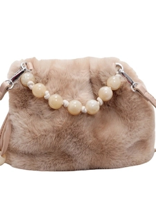 Faux fur leopard print bucket bag with elegant pearl bead handle and slim strap