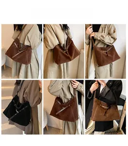 Detailed views of vintage matte tote bag showing brown and black colors on models
