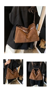 Brown faux suede tote bag with adjustable straps showing multiple carrying styles