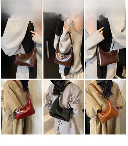 Modella che indossa borse hobo vintage lucide in marrone, bordeaux, nero e caramello