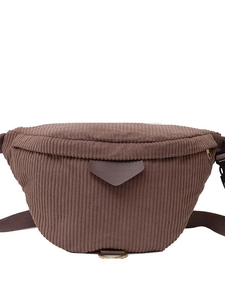 Brown corduroy waist bag for women featuring ribbed texture and adjustable strap
