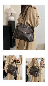 Dettaglio della borsa tote in pelle marrone scuro con chiusura in metallo e catena