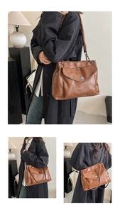 Viste dettagliate di una borsa tote in ecopelle marrone con chiusura a scatto e catena