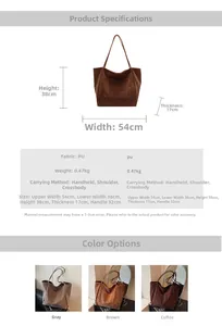 Detailed size and capacity chart for large faux suede tote bag with matte texture finish