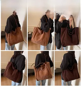 Multiple views of large corduroy tote bag with front pocket showing casual carry style