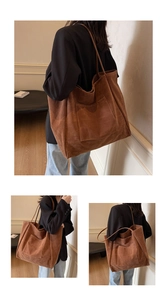 Macro detail of brown faux suede tote bag showing front pocket and fine stitching texture