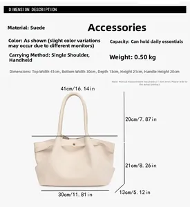 Specifiche dettagliate sulle dimensioni di una borsa tote in pelle scamosciata beige