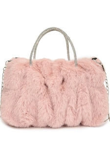 Sac à main nuage en fausse fourrure rose avec poignées en strass et chaîne argentée