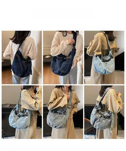 Verschiedene Ansichten zeigen den Trageeffekt der Vintage-Denim-Hobo-Tasche an einem Modell
