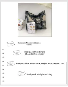 Detailed view of checkered wool tote bag showing size 44x37x11cm and soft texture