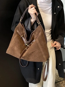 Vintage dark brown suede tote bag with leather straps and metal hardware for women