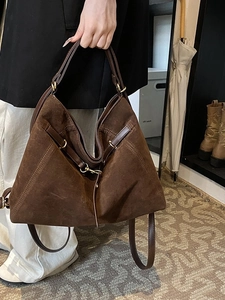 Vintage dark brown suede tote bag for women with leather handles and versatile straps