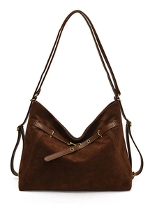 Vintage large brown suede hobo bag with adjustable strap and gold metal hardware