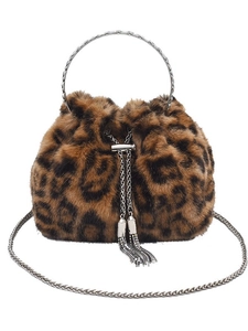 Schicke Beuteltasche mit Leopardenmuster aus Kunstpelz, Metallgriff und Quasten-Kordel