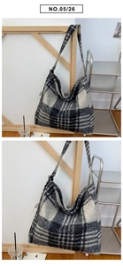 Close-up of black and grey plaid patterns on this thick wool tote bag with soft texture