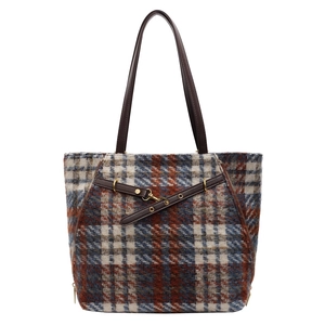 Große Tweed-Einkaufstasche mit orange-blauem Karomuster und Leder-Trageriemen