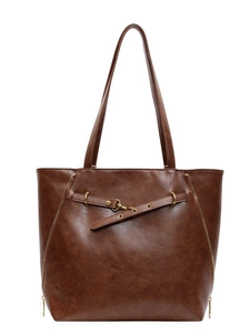 Vintage brown large capacity PU leather tote bag with decorative buckles and metal lock