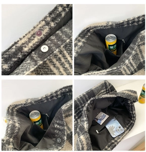 Detail view of plush checkered tote bag interior with magnetic closure and pockets