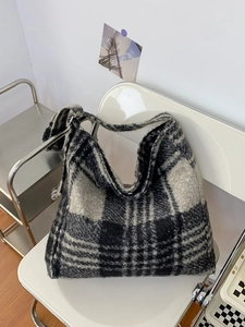 Large plaid fleece tote bag with thick wool fabric and wide shoulder strap