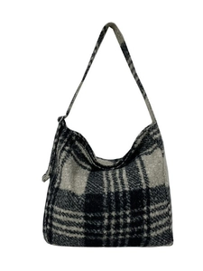 Fashionable oversized checkered faux shearling tote bag with black and grey wool pattern