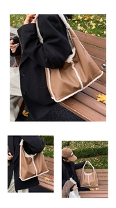 Dettaglio di una borsa Hobo in pelle marrone con fodera in pile bianco su una panchina