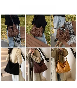 Fashionable oversized suede tote bags in leopard print and solid colors for casual daily wear
