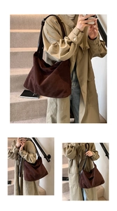 Collage of large dark brown suede tote bag showing capacity and retro design on shoulder