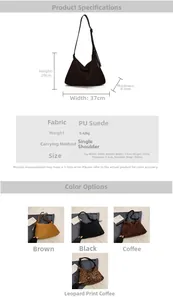 Detailed size specifications and color options for the large matte PU hobo shoulder bag