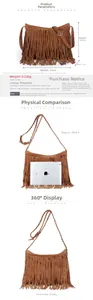 Detailed size comparison of the brown faux suede fringe shoulder bag with an iPad