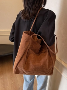 Brown faux suede tote bag with large pocket for casual autumn daily commute style