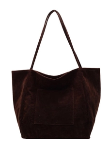 Minimalist large brown suede tote bag for women featuring front pocket and long handles