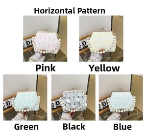 Collage of pearl chain handbags in five colors with textured weave and metal frames