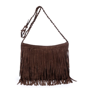 Brown frosted faux suede crossbody bag with long tassels and woven shoulder strap