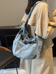 Japanische Retro-Denim-Tasche mit großem Fassungsvermögen und Vintage-Workwear-Details aus Leder