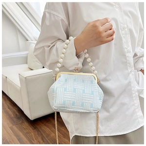 Close-up of blue woven pattern bag with pearl handle and golden chain details