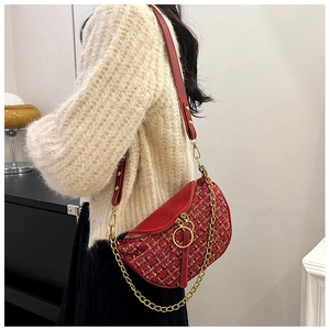Detail of red tweed and leather saddle bag with gold ring zipper and chain strap