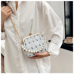 Detail of vintage woven crossbody bag with pearl handle and golden chain on a model