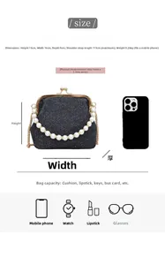Detailed size specifications for the vintage glitter evening bag with pearl handle