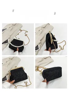Detailed views of a black glitter clutch bag with pearl handle and gold metal frame closure