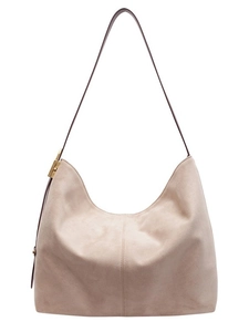 Minimalist beige suede hobo bucket bag with vertical stitching and gold hardware